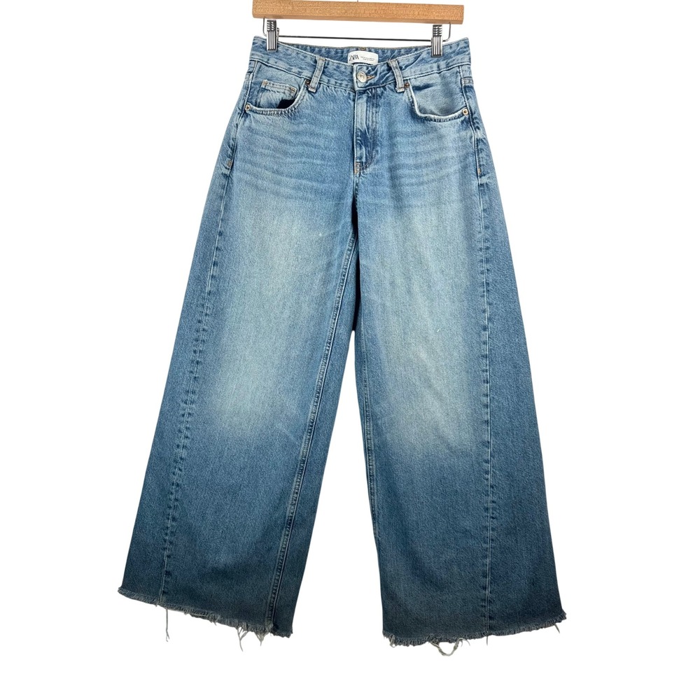 Zara Wide Leg Jeans sz 2 Blue High Rise Raw Hem Boho retro 90s Y2K